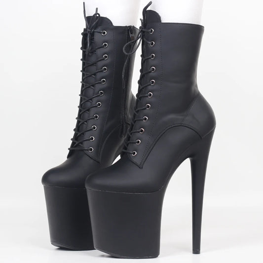 JIALUOWEI 20CM Extreme High Heel Platform Ankle Boots — Lace-Up Pole Dance Side Zip Boots (Sizes 5-12)
