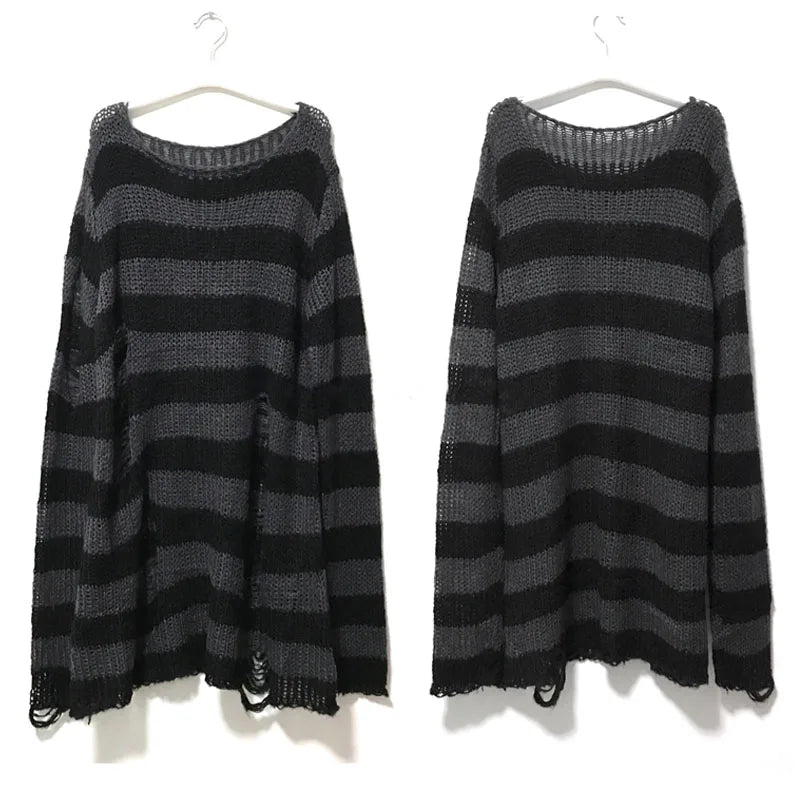 Punk Gothic Striped Sweater — Unisex Hollow-Out Rock Streetwear Top
