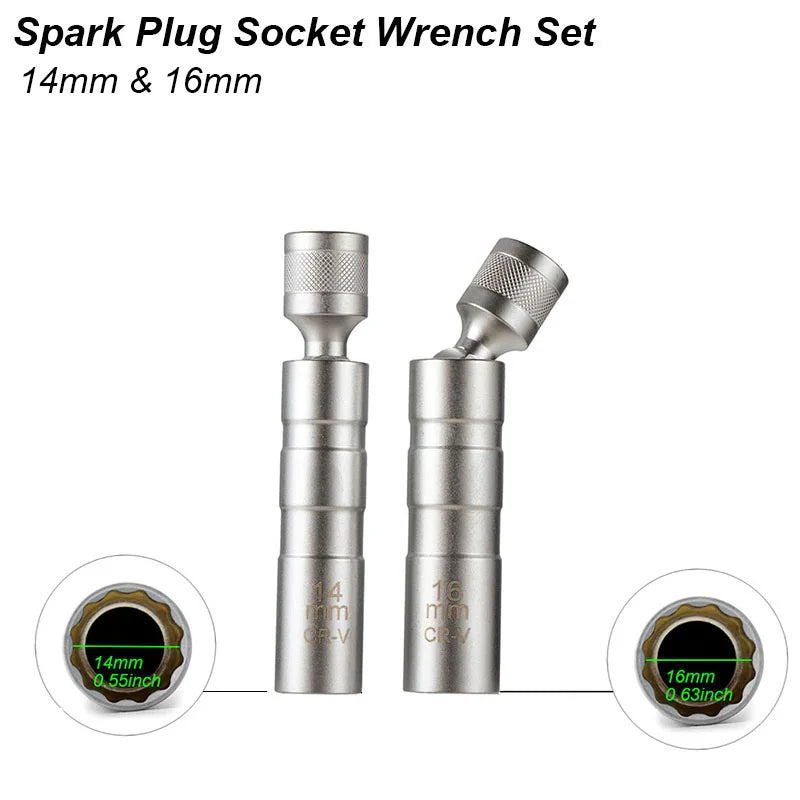 Spark Plug Socket Wrench Adapter Kit — 14mm & 16mm Magnetic Swivel Torque Removal Tool for Cars
