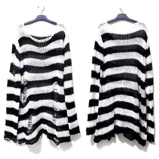 Punk Gothic Striped Sweater — Unisex Hollow-Out Rock Streetwear Top