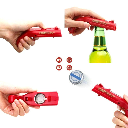 Cap Gun Beer Bottle Opener — Portable Shooting Cap Launcher for Bar, Kitchen & Party Fun