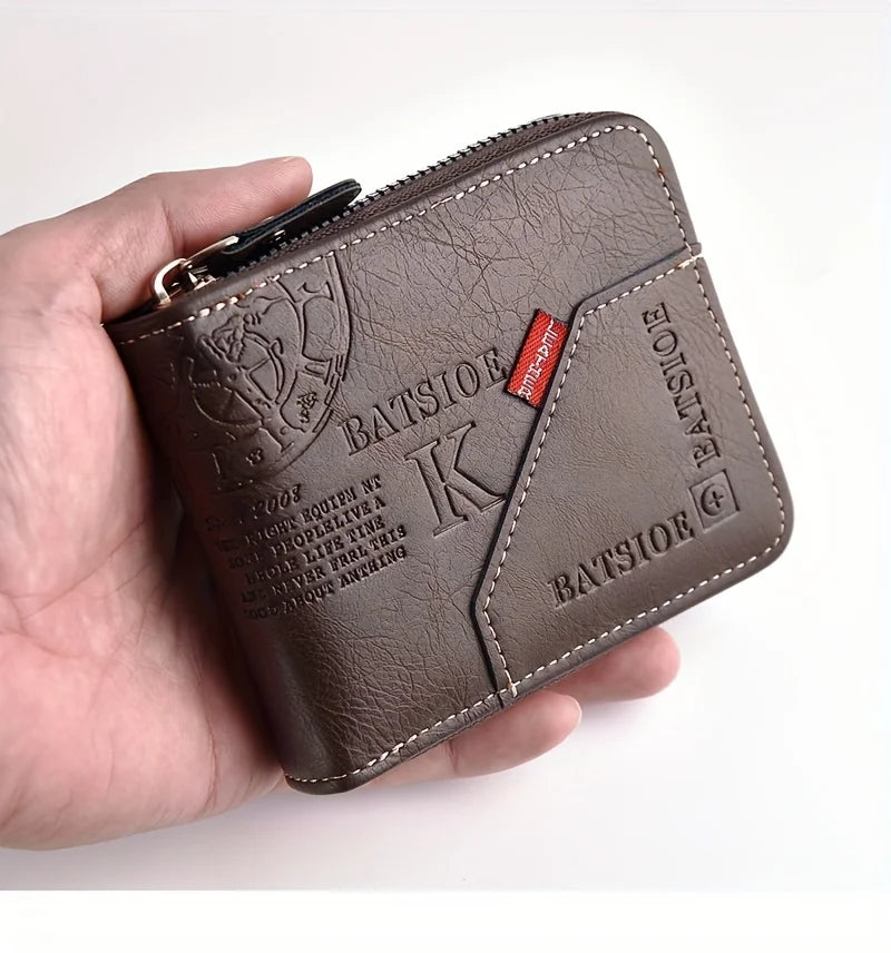 Men's PU Wax Oil Skin Zipper Wallet — Short Coin Purse & Card Holder with Zip-Around Closure