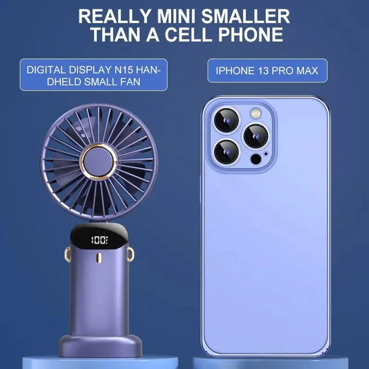 Portable Handheld & Neck Hanging Fan — 5-Speed USB Rechargeable Fan with Phone Stand & Display Screen (1800mAh)