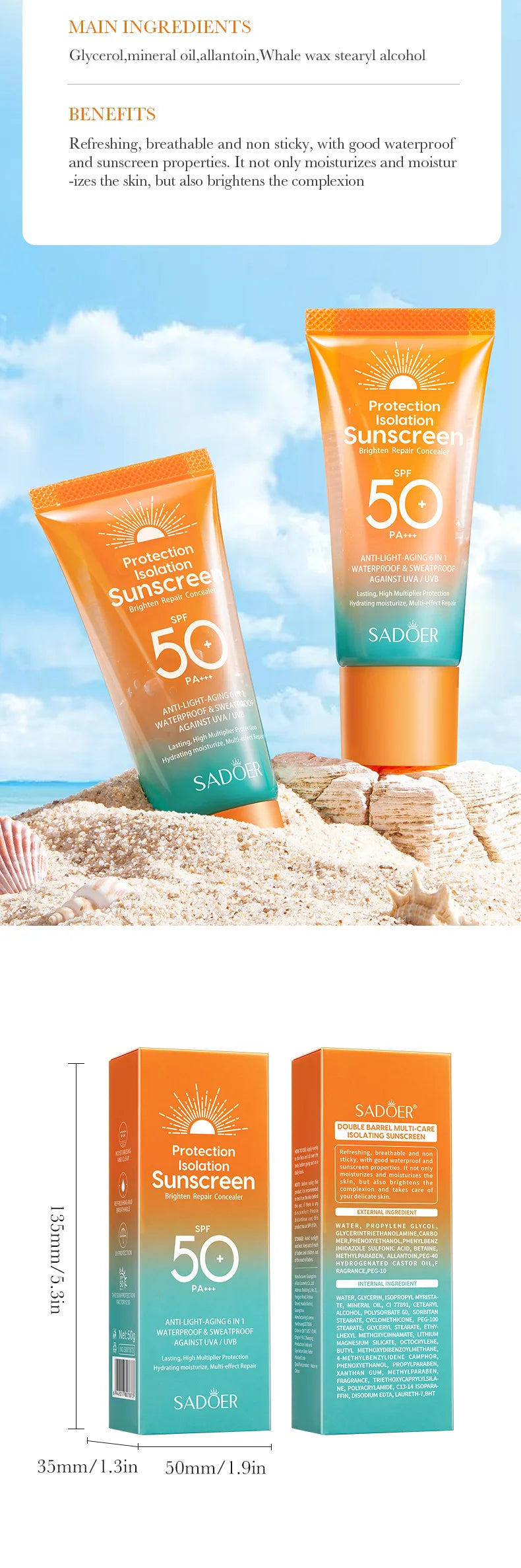 SPF50+ PA+++ Dual Tube Multi-Effect Facial Sunscreen — Brightening Solar Blocker