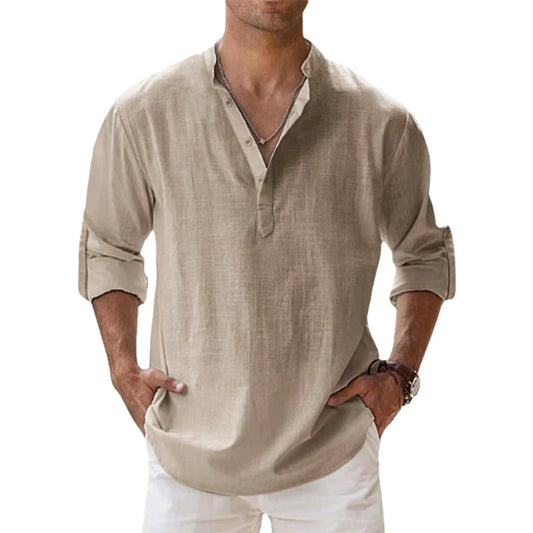 Men's Cotton Linen Long Sleeve Shirt — Lightweight Henley Beach & Hawaiian Style