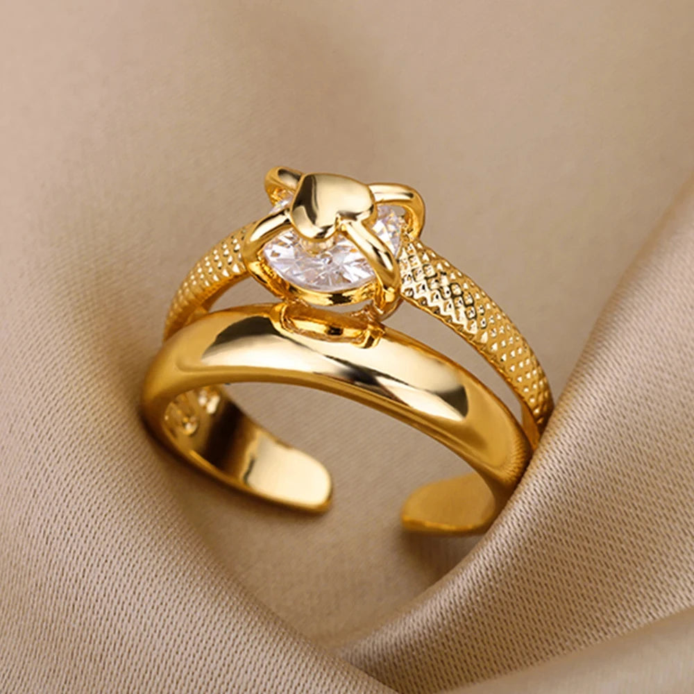 Adjustable 18K Gold-Plated Stainless Steel Zircon Ring – 30 Designs