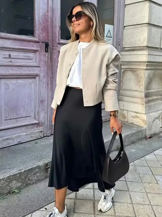 Willshela Black Satin Midi Skirt — Elegant & Versatile Women's Fashion