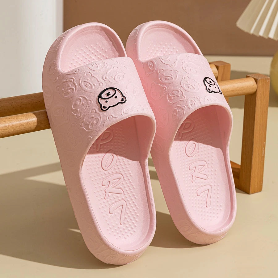 Little Bear Print Couple Slippers — Non-Slip Soft Indoor Bathroom Sandals for Men & Women
