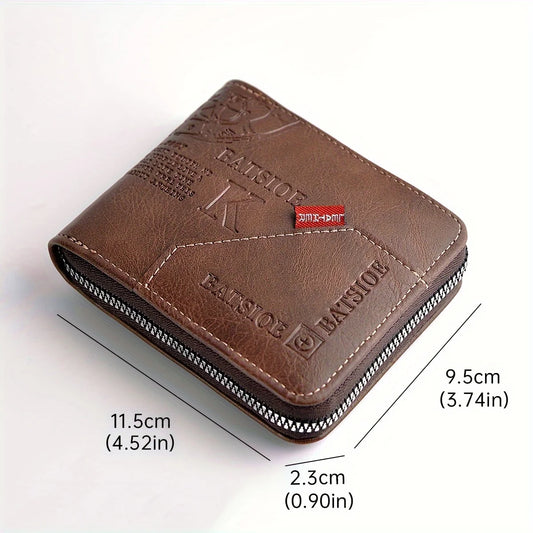 Men's PU Wax Oil Skin Zipper Wallet — Short Coin Purse & Card Holder with Zip-Around Closure