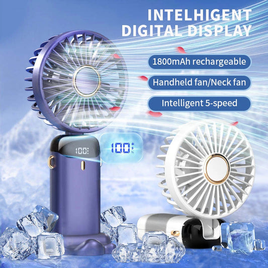 Portable Handheld & Neck Hanging Fan — 5-Speed USB Rechargeable Fan with Phone Stand & Display Screen (1800mAh)