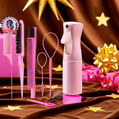 6-Piece Hair Brush & Styling Tool Set — Spray Bottle, Braiding Loop, Rat Tail Comb, Teasing Brush & Edge Control Brush