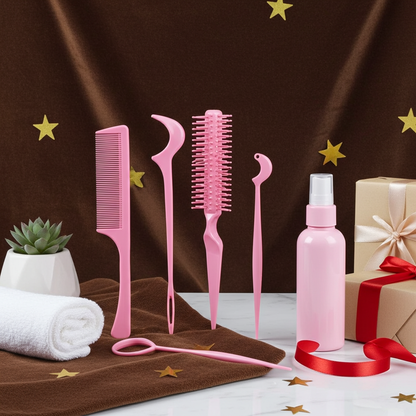 6-Piece Hair Brush & Styling Tool Set — Spray Bottle, Braiding Loop, Rat Tail Comb, Teasing Brush & Edge Control Brush