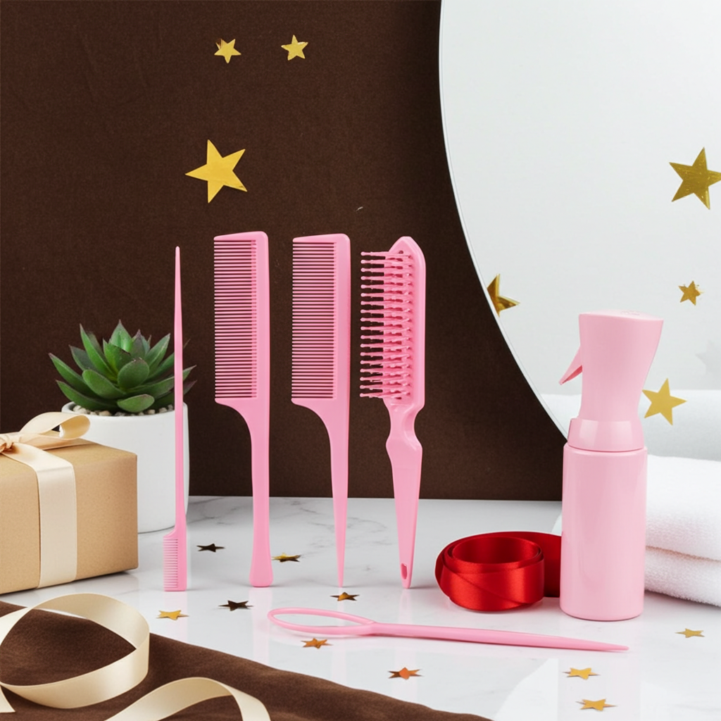 6-Piece Hair Brush & Styling Tool Set — Spray Bottle, Braiding Loop, Rat Tail Comb, Teasing Brush & Edge Control Brush