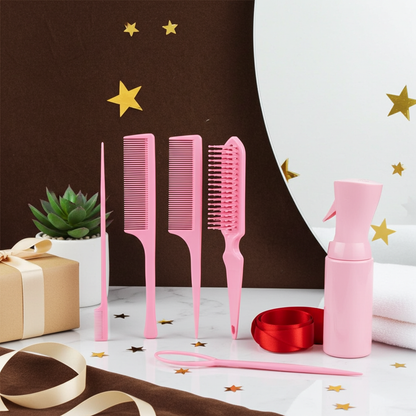 6-Piece Hair Brush & Styling Tool Set — Spray Bottle, Braiding Loop, Rat Tail Comb, Teasing Brush & Edge Control Brush