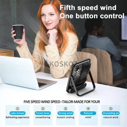 Portable USB Rechargeable Desk Fan — 180° Tilt Folding Table Fan with 5 Speeds, Power Display & Ultra-Quiet Motor