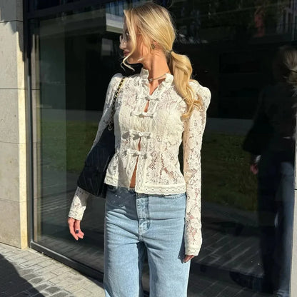 Women's Vintage Lace Blouse — Elegant Embroidery Puff Sleeve Top