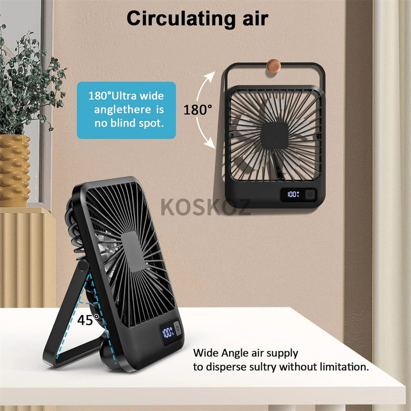 Portable USB Rechargeable Desk Fan — 180° Tilt Folding Table Fan with 5 Speeds, Power Display & Ultra-Quiet Motor