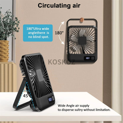 Portable USB Rechargeable Desk Fan — 180° Tilt Folding Table Fan with 5 Speeds, Power Display & Ultra-Quiet Motor