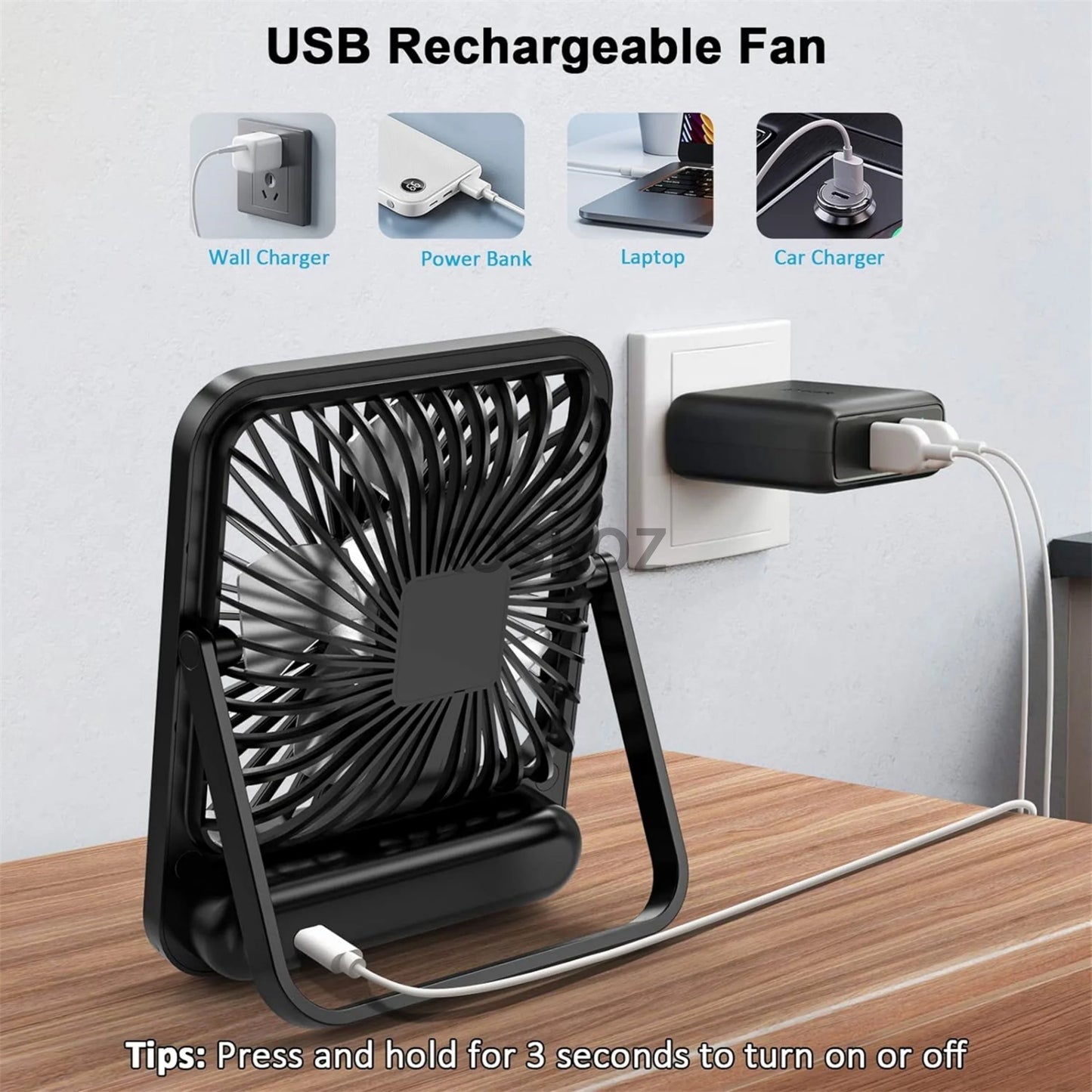 Portable USB Rechargeable Desk Fan — 180° Tilt Folding Table Fan with 5 Speeds, Power Display & Ultra-Quiet Motor