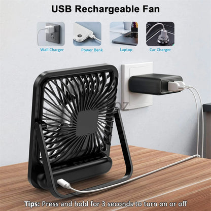 Portable USB Rechargeable Desk Fan — 180° Tilt Folding Table Fan with 5 Speeds, Power Display & Ultra-Quiet Motor