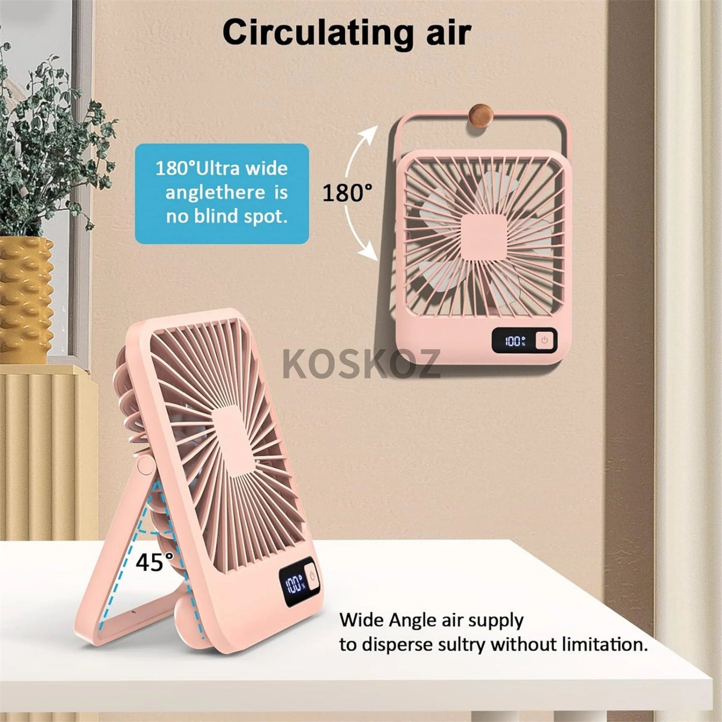 Portable USB Rechargeable Desk Fan — 180° Tilt Folding Table Fan with 5 Speeds, Power Display & Ultra-Quiet Motor