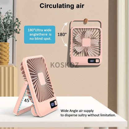 Portable USB Rechargeable Desk Fan — 180° Tilt Folding Table Fan with 5 Speeds, Power Display & Ultra-Quiet Motor