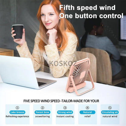 Portable USB Rechargeable Desk Fan — 180° Tilt Folding Table Fan with 5 Speeds, Power Display & Ultra-Quiet Motor
