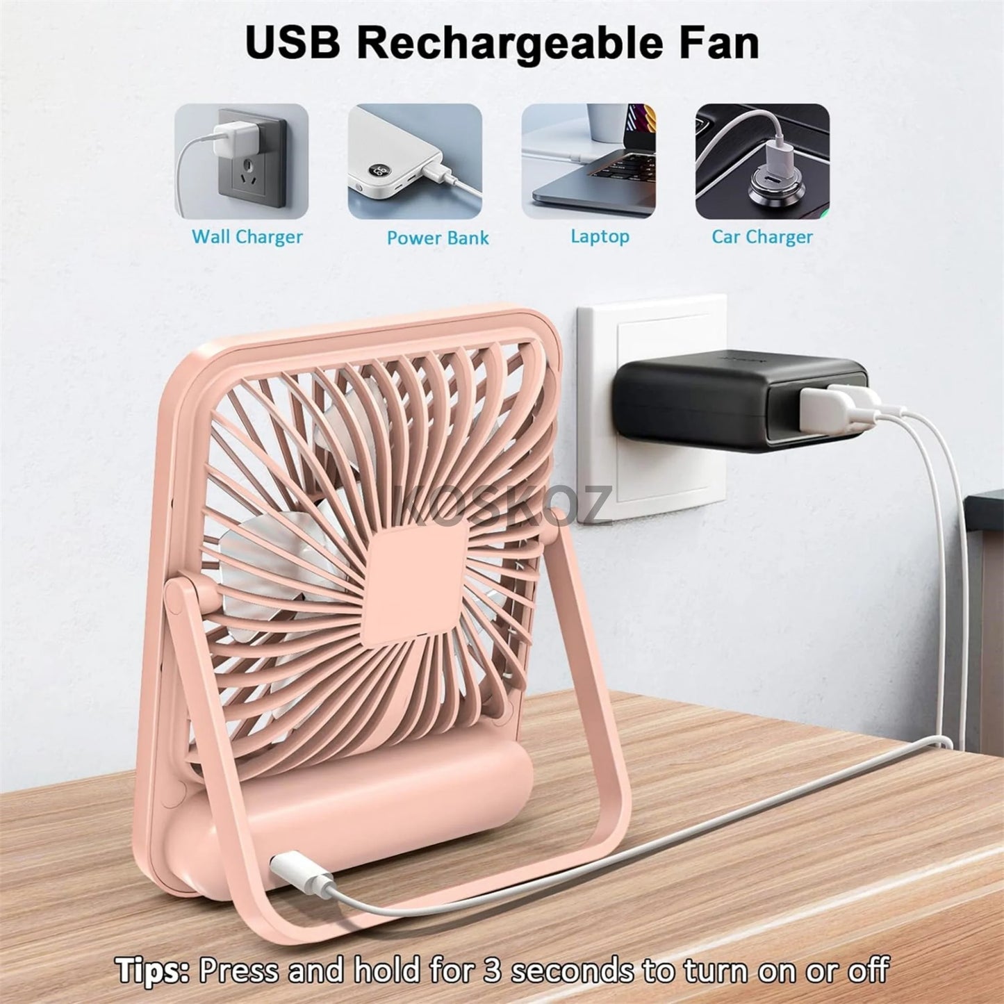 Portable USB Rechargeable Desk Fan — 180° Tilt Folding Table Fan with 5 Speeds, Power Display & Ultra-Quiet Motor