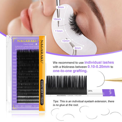 NAGARAKU 16-Row Classic Individual Eyelash Extensions — Matte Black Professional Soft Natural Lashes