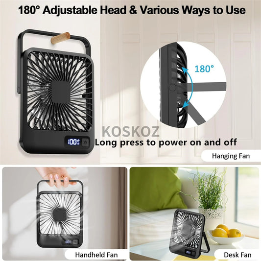 Portable USB Rechargeable Desk Fan — 180° Tilt Folding Table Fan with 5 Speeds, Power Display & Ultra-Quiet Motor