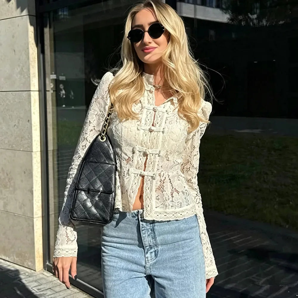 Women's Vintage Lace Blouse — Elegant Embroidery Puff Sleeve Top