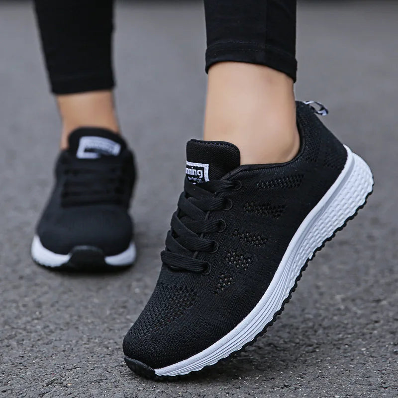 Women's Breathable Mesh Flat Sneakers — Casual Walking & Gym Vulcanized Shoes