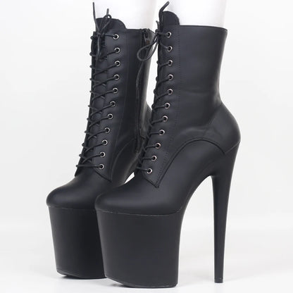 JIALUOWEI 20CM Extreme High Heel Platform Ankle Boots — Lace-Up Pole Dance Side Zip Boots (Sizes 5-12)