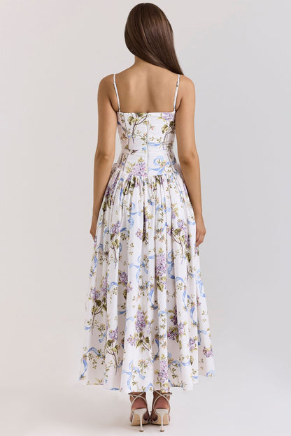 French Floral Spaghetti Strap Dress — Elegant Slimming A-Line Midi Dress for Women