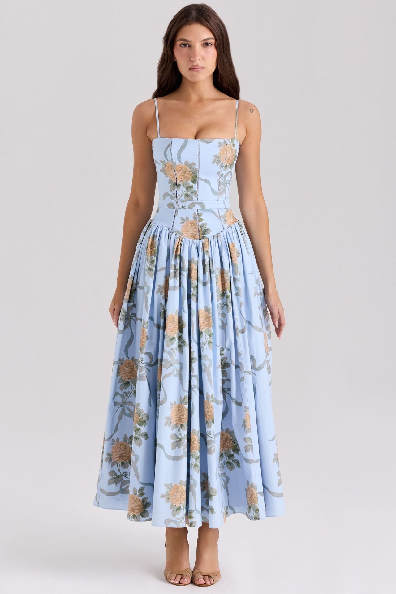 French Floral Spaghetti Strap Dress — Elegant Slimming A-Line Midi Dress for Women