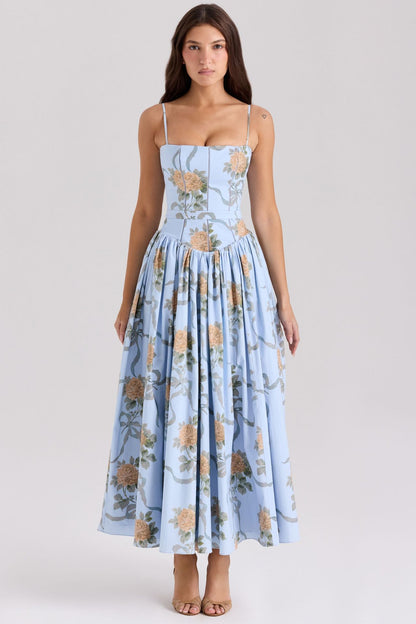 French Floral Spaghetti Strap Dress — Elegant Slimming A-Line Midi Dress for Women