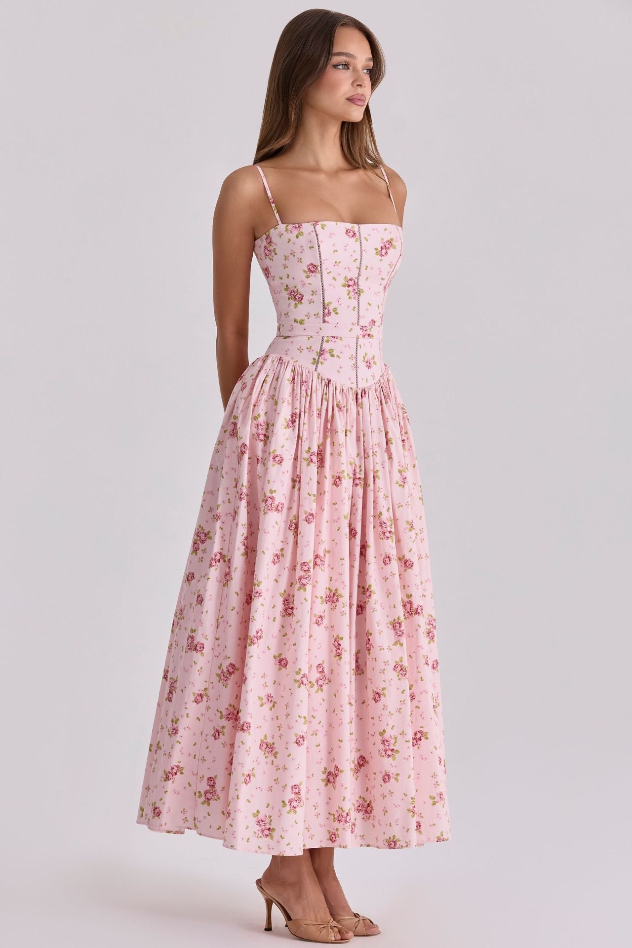 French Floral Spaghetti Strap Dress — Elegant Slimming A-Line Midi Dress for Women