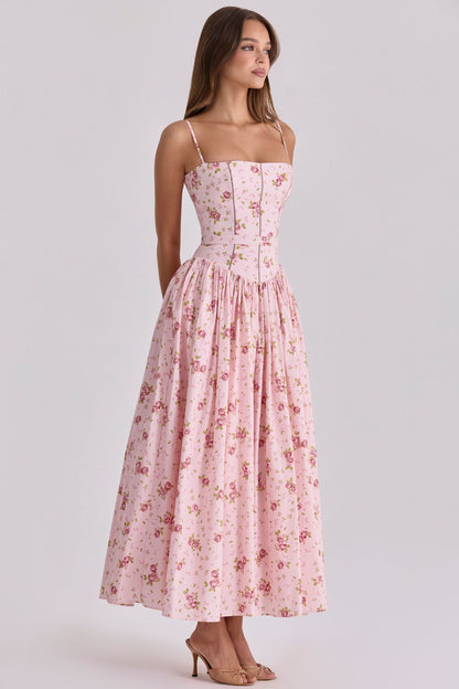 French Floral Spaghetti Strap Dress — Elegant Slimming A-Line Midi Dress for Women