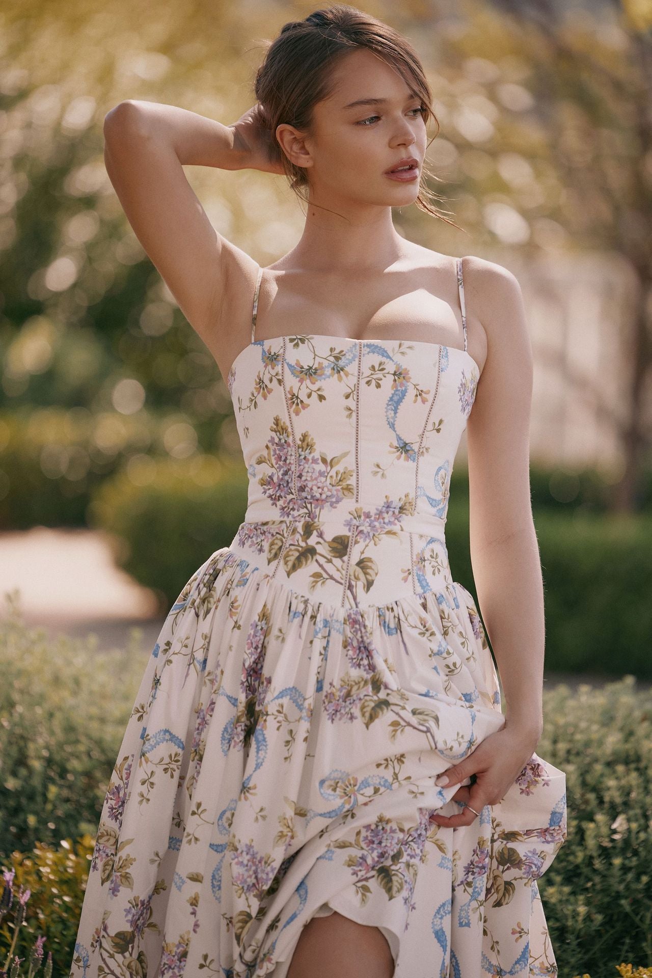 French Floral Spaghetti Strap Dress — Elegant Slimming A-Line Midi Dress for Women