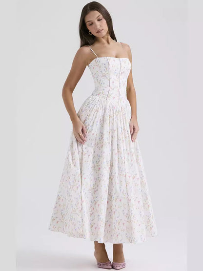 French Floral Spaghetti Strap Dress — Elegant Slimming A-Line Midi Dress for Women