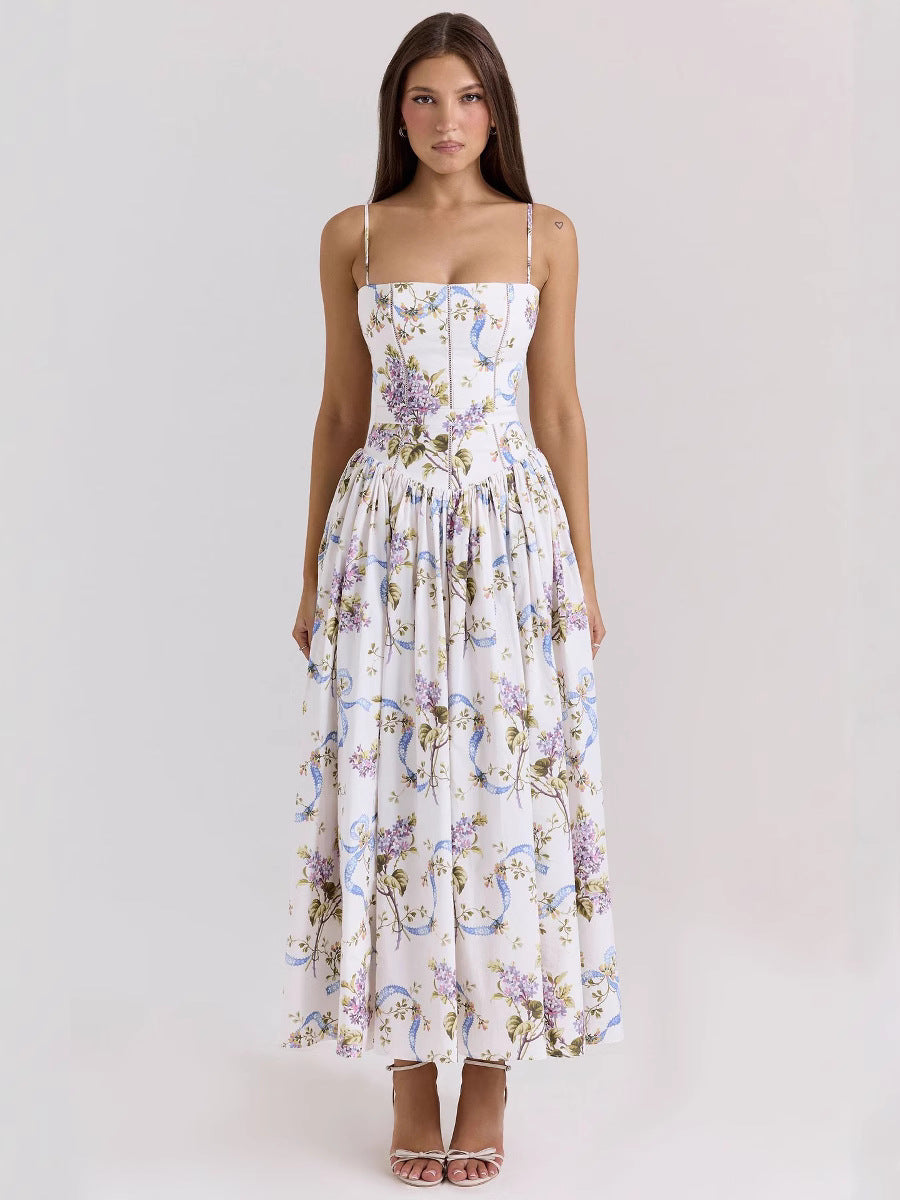 French Floral Spaghetti Strap Dress — Elegant Slimming A-Line Midi Dress for Women
