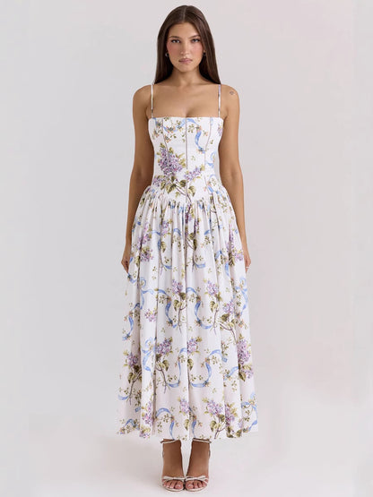 French Floral Spaghetti Strap Dress — Elegant Slimming A-Line Midi Dress for Women