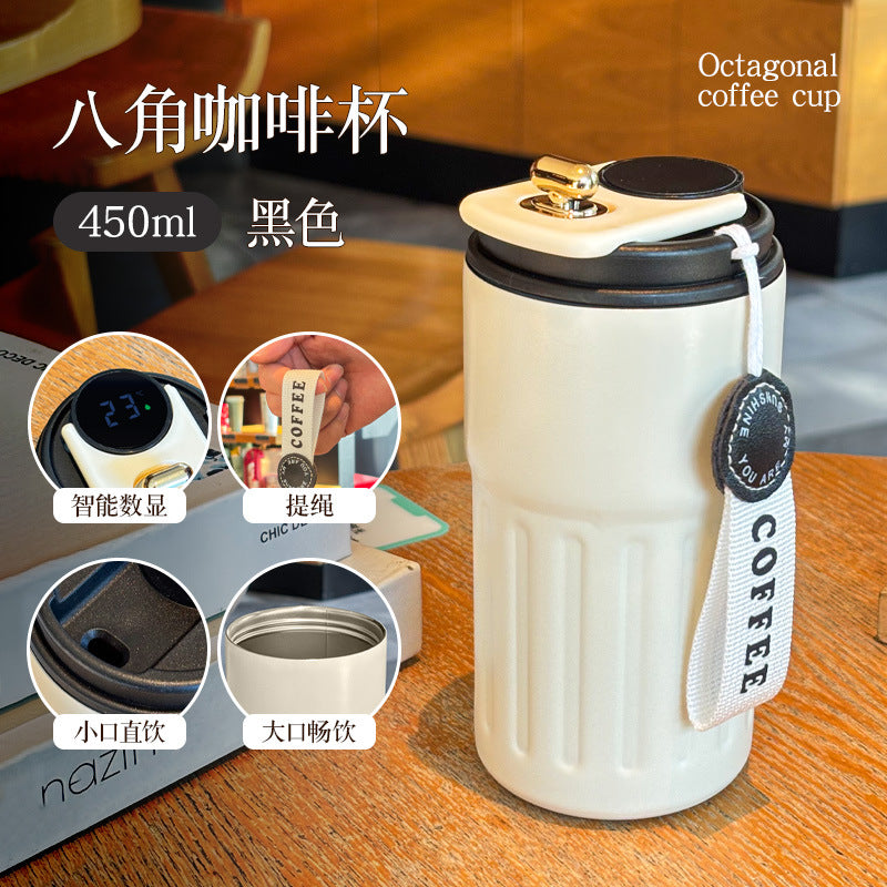 Double-Wall Insulated Stainless Steel Coffee Cup — Smart Display Thermos for Home, Office & Car