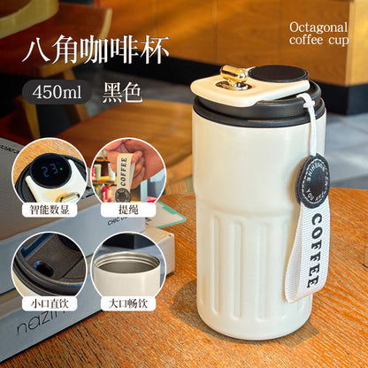 Double-Wall Insulated Stainless Steel Coffee Cup — Smart Display Thermos for Home, Office & Car