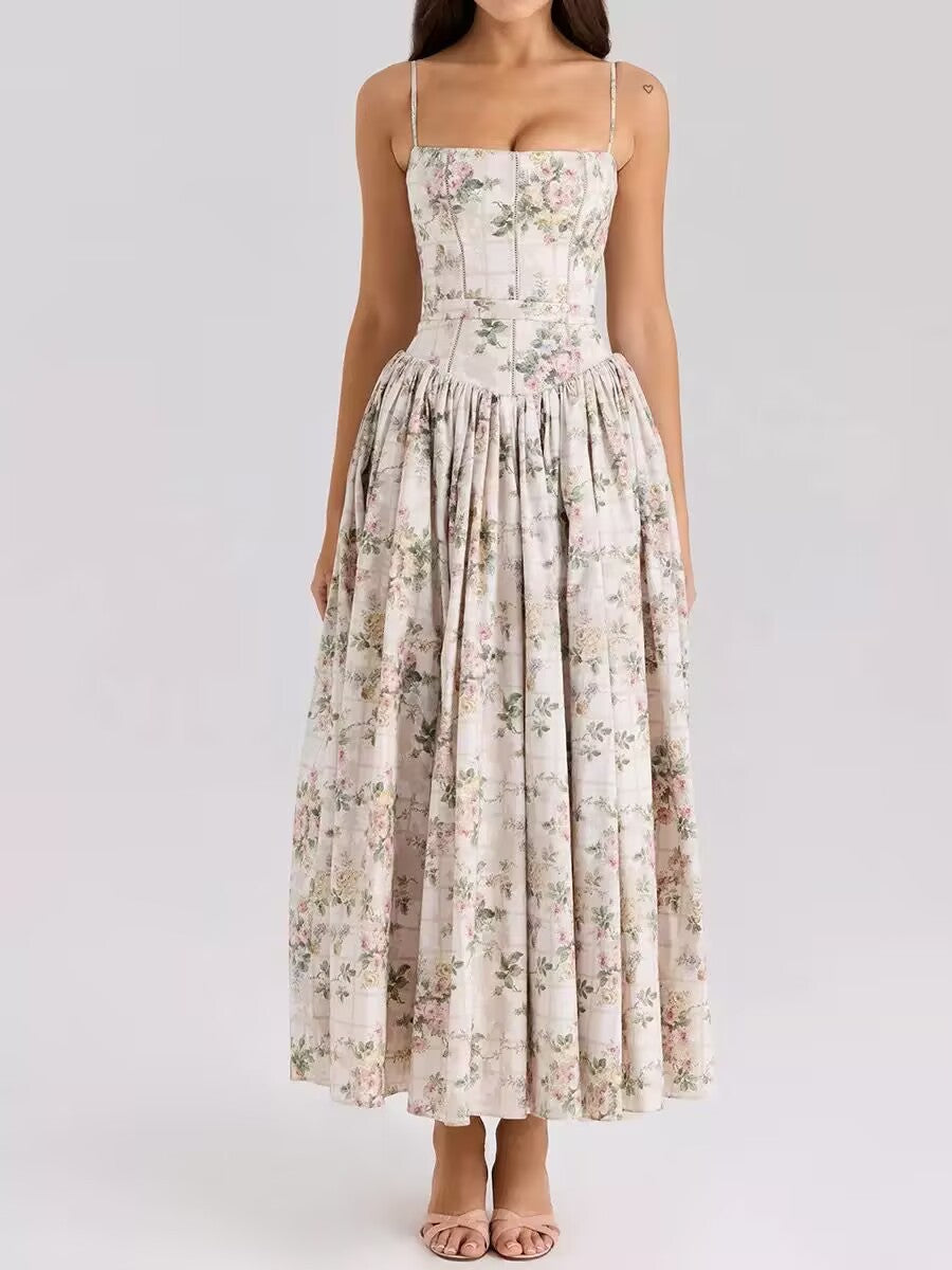 French Floral Spaghetti Strap Dress — Elegant Slimming A-Line Midi Dress for Women