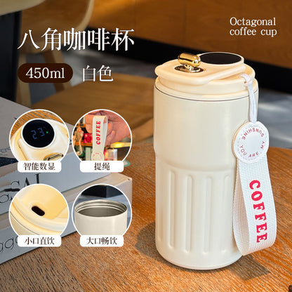 Double-Wall Insulated Stainless Steel Coffee Cup — Smart Display Thermos for Home, Office & Car