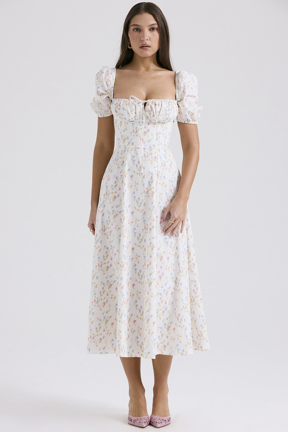 French Floral Spaghetti Strap Dress — Elegant Slimming A-Line Midi Dress for Women