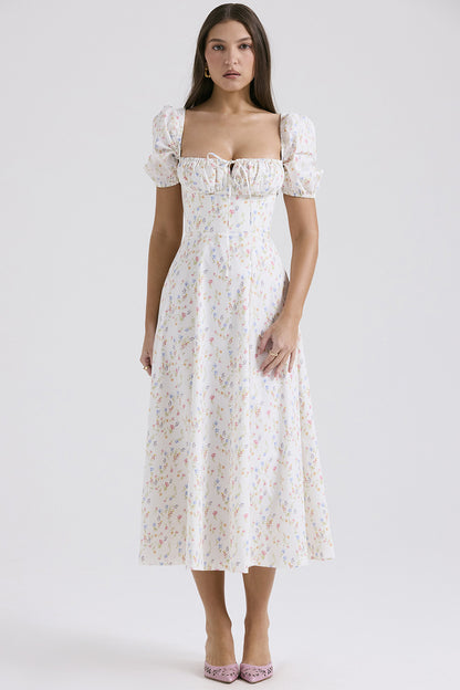 French Floral Spaghetti Strap Dress — Elegant Slimming A-Line Midi Dress for Women
