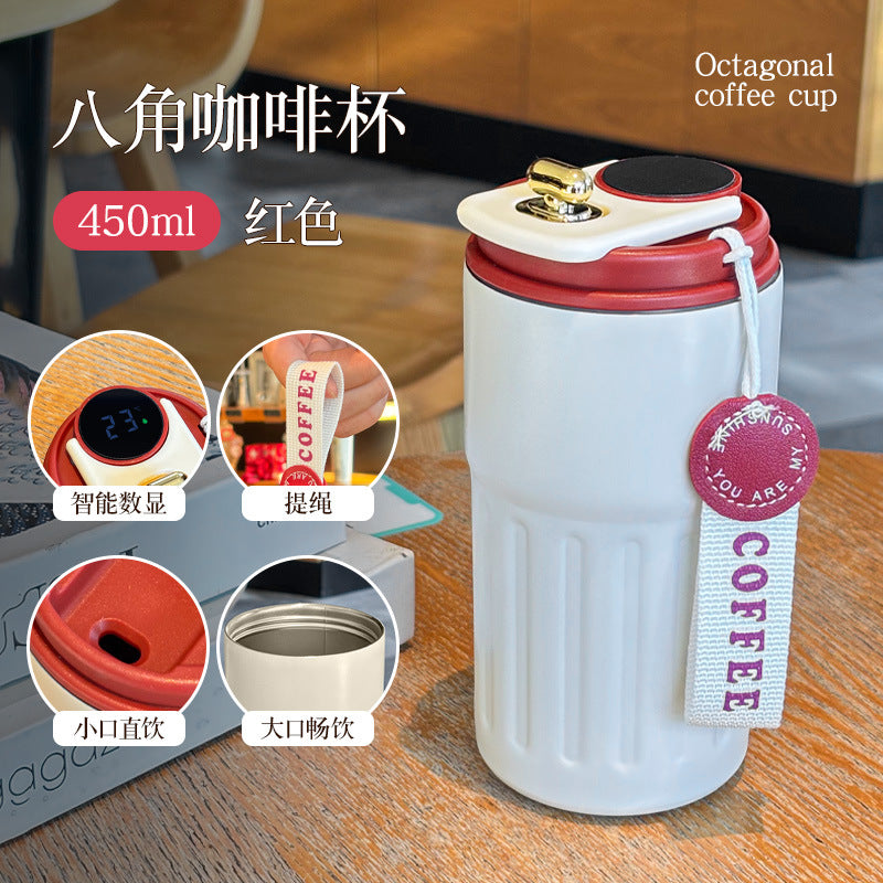 Double-Wall Insulated Stainless Steel Coffee Cup — Smart Display Thermos for Home, Office & Car