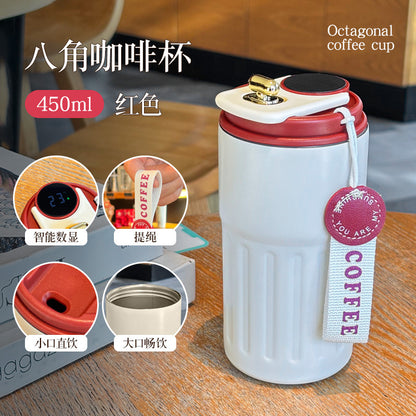 Double-Wall Insulated Stainless Steel Coffee Cup — Smart Display Thermos for Home, Office & Car